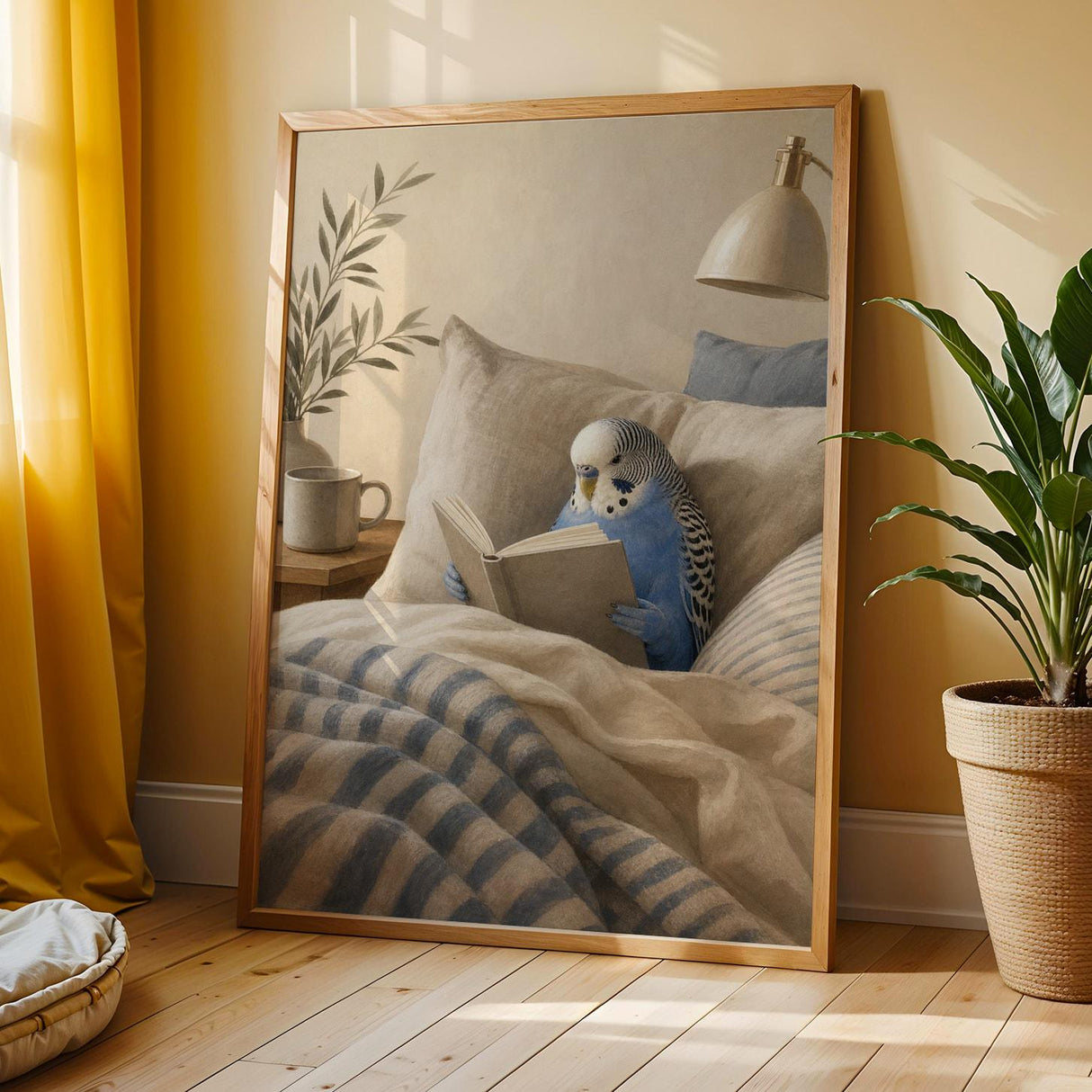 Cobalt Blue Budgerigar Reading in Bed Poster | Modern Gouache Bird Wall Art | Cobalt Blue Warm Beige Decor | Cozy Minimalist Bedroom Print