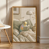 Rainbow Budgerigar Reading in Bed Poster | Modern Gouache Bird Wall Art | Warm Beige Dusty Sage Decor | Cozy Minimalist Bedroom Print
