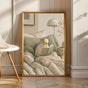 Rainbow Budgerigar Reading in Bed Poster | Modern Gouache Bird Wall Art | Warm Beige Dusty Sage Decor | Cozy Minimalist Bedroom Print