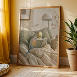 Rainbow Budgerigar Reading in Bed Poster | Modern Gouache Bird Wall Art | Warm Beige Dusty Sage Decor | Cozy Minimalist Bedroom Print