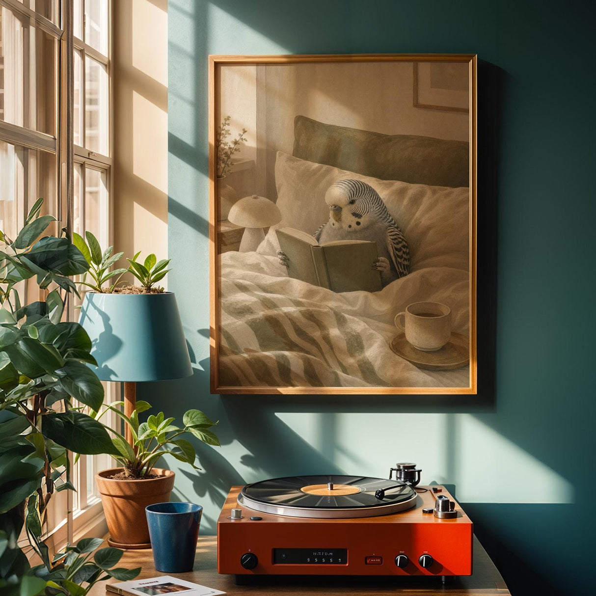 Grey Budgerigar Reading in Bed Poster | Modern Soft Gouache Bird Wall Art | Warm Beige Dusty Sage Decor | Cozy Minimalist Bedroom Print
