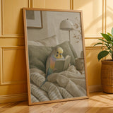 Rainbow Budgerigar Reading in Bed Poster | Modern Gouache Bird Wall Art | Warm Beige Dusty Sage Decor | Cozy Minimalist Bedroom Print