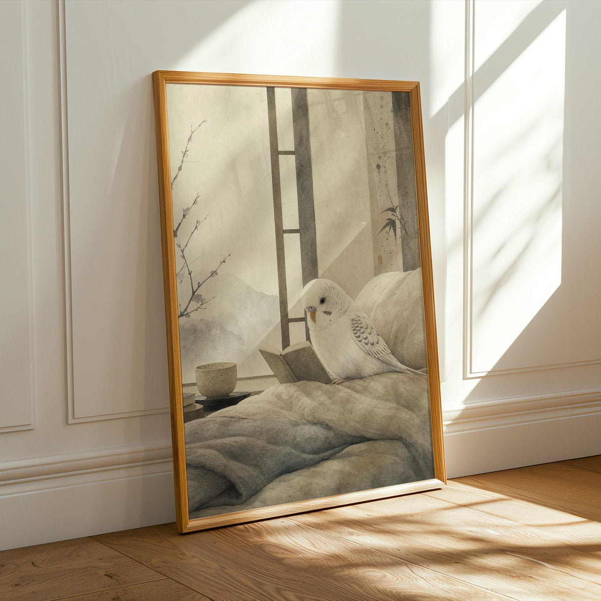 White Budgerigar Reading in Bed Poster | Japanese Zen Sumi-e Bird Wall Art | Warm Ivory Fog Gray Decor | Minimalist Bedroom Print