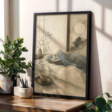 Sky Blue Budgerigar Reading in Bed Poster | Japanese Zen Ink Wash Bird Wall Art | Teal Warm Ivory Decor | Minimalist Bedroom Print