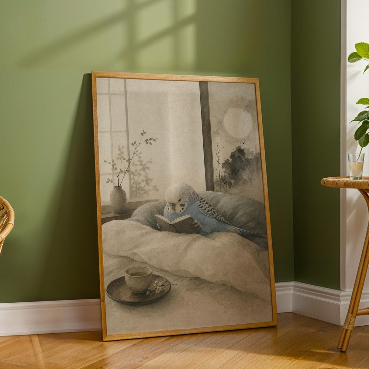 Sky Blue Budgerigar Reading in Bed Poster | Japanese Zen Ink Wash Bird Wall Art | Teal Warm Ivory Decor | Minimalist Bedroom Print