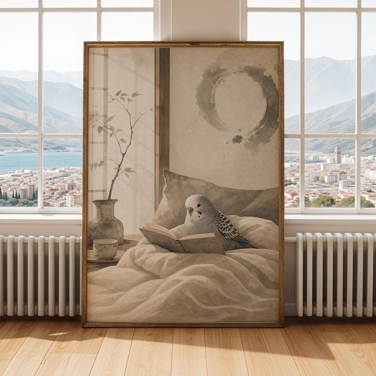 Budgerigar Reading in Bed Poster | Japanese Zen Ink Wash Bird Wall Art | Warm Ivory Fog Gray Decor | Minimalist Bedroom Print