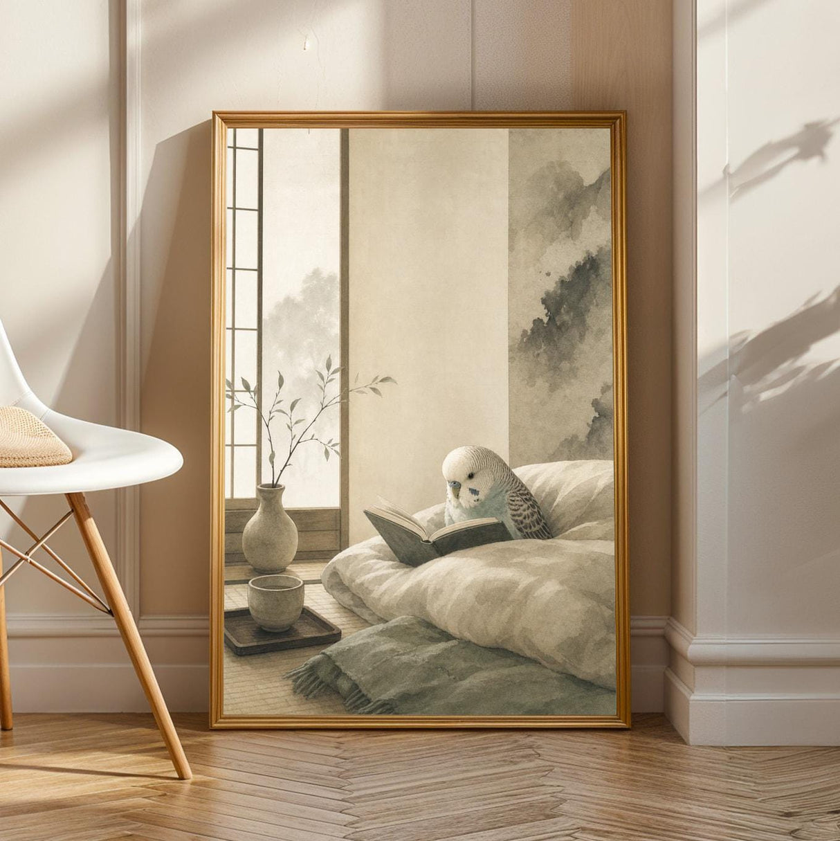 English Budgerigar Reading in Bed Poster | Japanese Zen Ink Wash Bird Wall Art | Warm Ivory Fog Gray Decor | Minimalist Bedroom Print