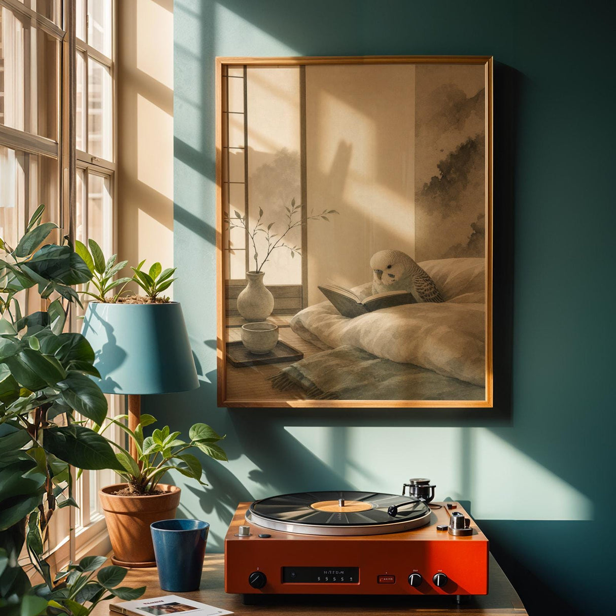 English Budgerigar Reading in Bed Poster | Japanese Zen Ink Wash Bird Wall Art | Warm Ivory Fog Gray Decor | Minimalist Bedroom Print