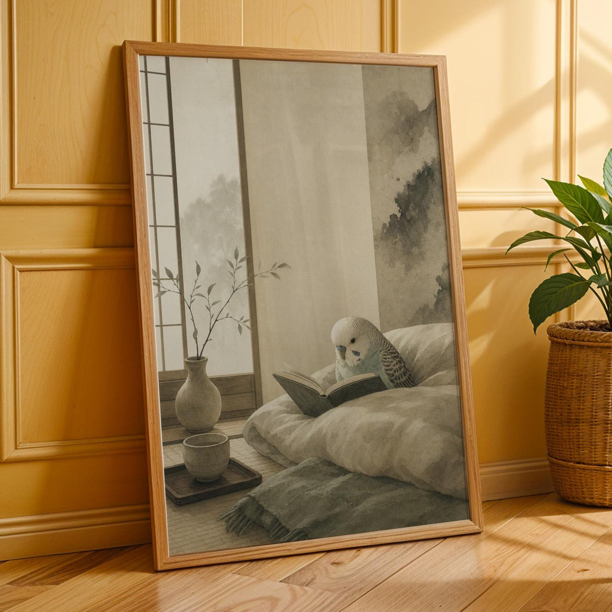 English Budgerigar Reading in Bed Poster | Japanese Zen Ink Wash Bird Wall Art | Warm Ivory Fog Gray Decor | Minimalist Bedroom Print