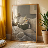 Cockatiel Reading in Bed Poster | Scandinavian Gouache Bird Wall Art | Warm Beige Blue Gray Decor | Cozy Minimalist Bedroom Print