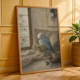 Light Blue Budgerigar Reading in Bed Poster | Japanese Zen Watercolor Bird Wall Art | Fog Gray Ivory Decor | Minimalist Bedroom Print
