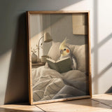 Cockatiel Reading in Bed Poster | Scandinavian Gouache Bird Wall Art | Warm Beige Blue Gray Decor | Cozy Minimalist Bedroom Print