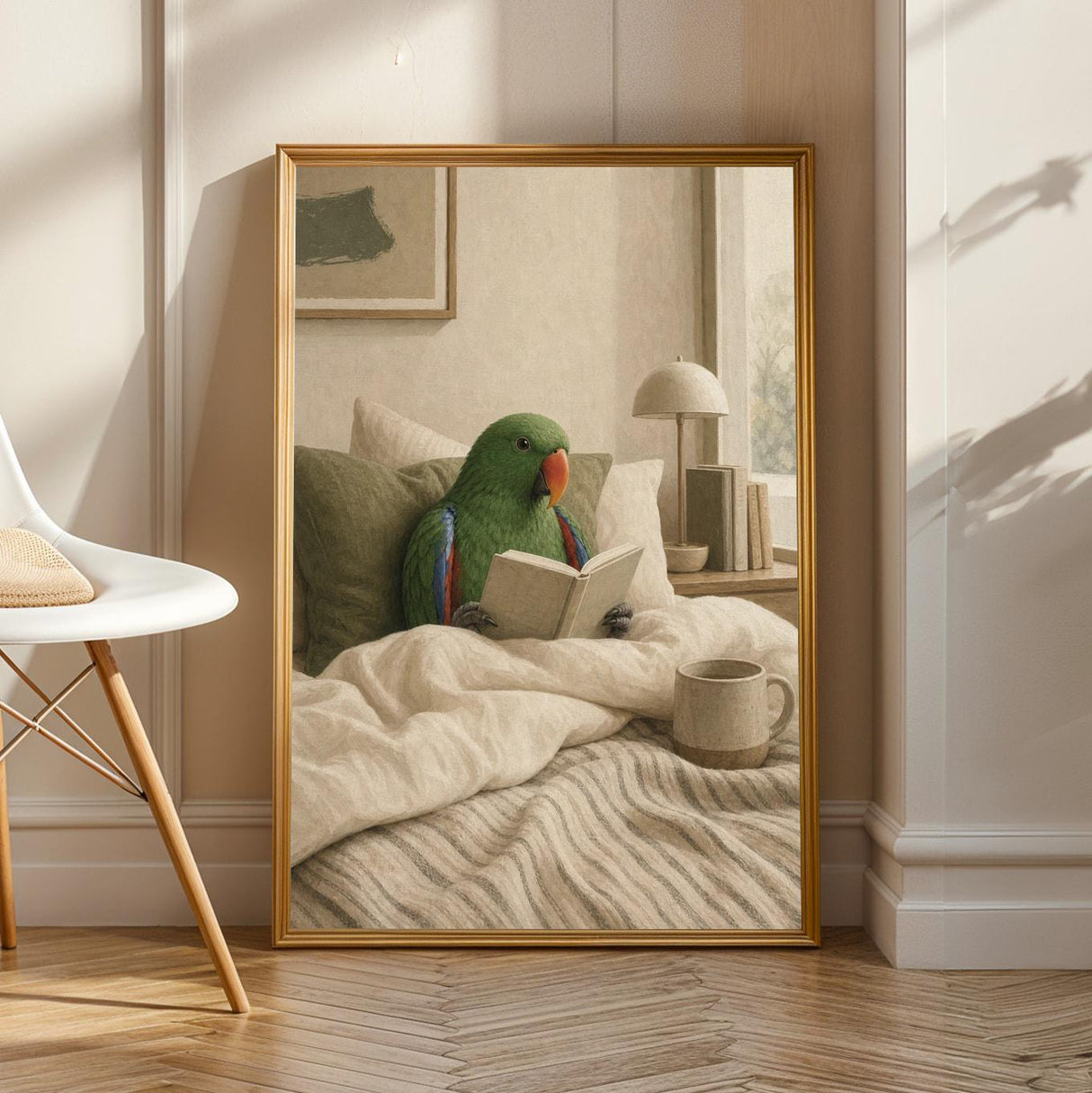 Silver Budgerigar Reading in Bed Poster | Japanese Zen Sumi-e Bird Wall Art | Warm Ivory Fog Gray Decor | Minimalist Bedroom Print