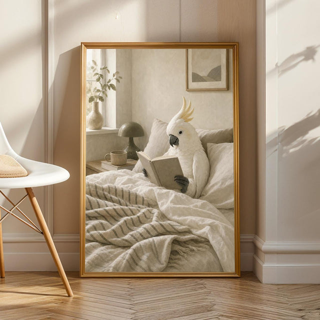White Cockatoo Reading in Bed Poster | Scandinavian Gouache Bird Wall Art | Warm Beige Oat Milk Decor | Cozy Minimalist Bedroom Print