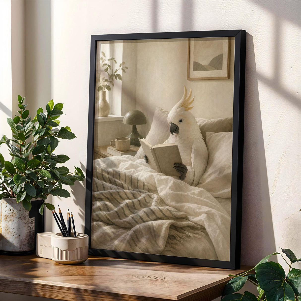 White Cockatoo Reading in Bed Poster | Scandinavian Gouache Bird Wall Art | Warm Beige Oat Milk Decor | Cozy Minimalist Bedroom Print