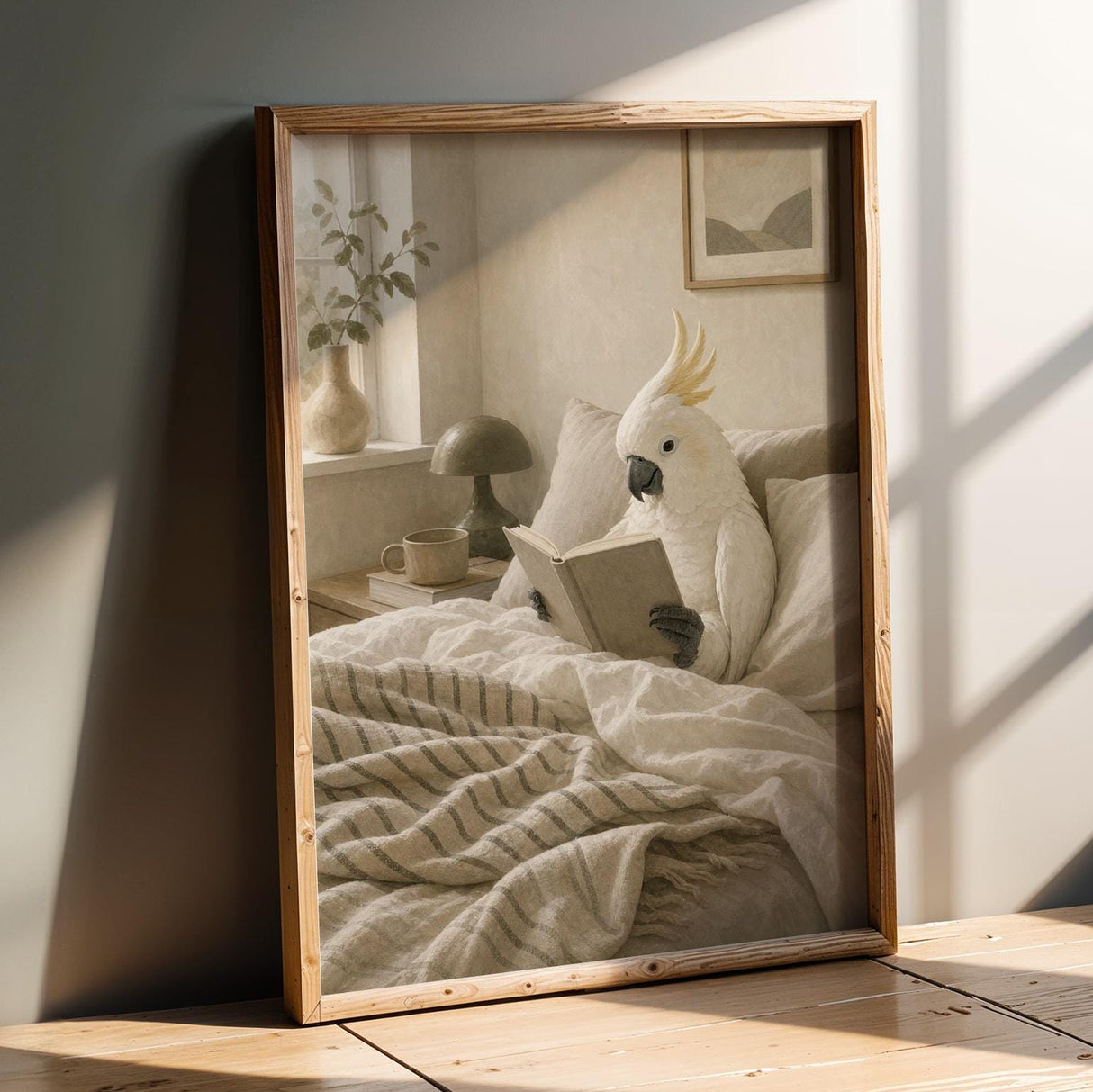 White Cockatoo Reading in Bed Poster | Scandinavian Gouache Bird Wall Art | Warm Beige Oat Milk Decor | Cozy Minimalist Bedroom Print