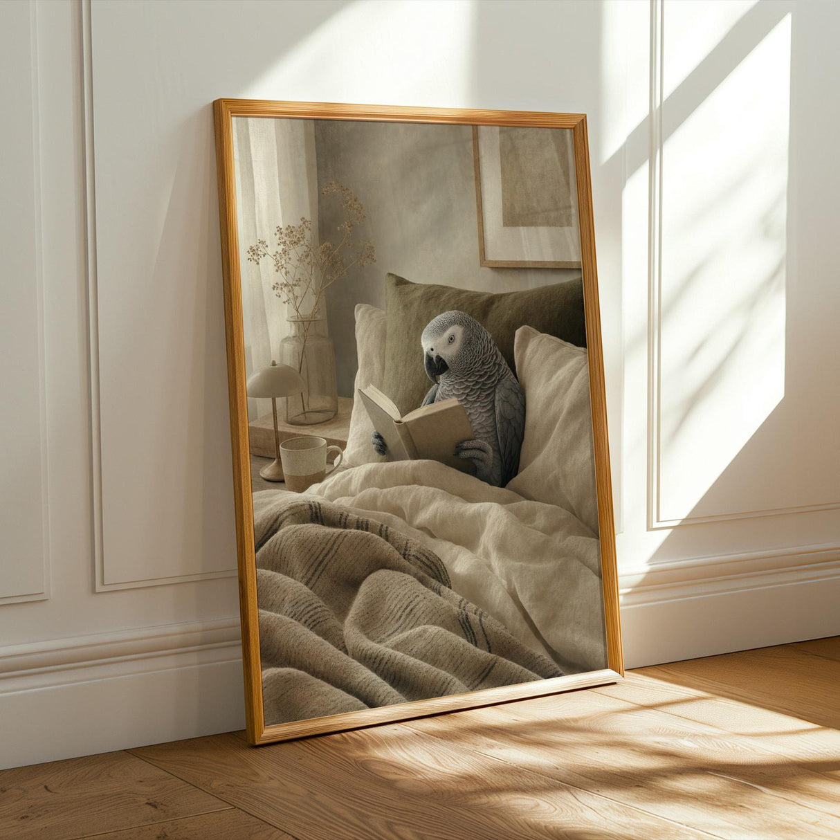 African Grey Parrot Reading in Bed Poster | Modern Soft Gouache Bird Wall Art | Warm Beige Oat Milk Decor | Cozy Minimalist Bedroom Print