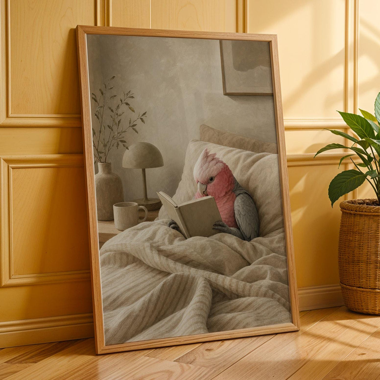 Galah Parrot Reading in Bed Poster | Modern Gouache Bird Wall Art | Warm Beige Dusty Rose Decor | Cozy Minimalist Bedroom Print