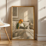 White Bellied Caique Reading in Bed Poster | Modern Gouache Bird Wall Art | Warm Beige Oat Milk Decor | Cozy Minimalist Bedroom Print