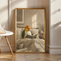 White Bellied Caique Reading in Bed Poster | Modern Gouache Bird Wall Art | Warm Beige Oat Milk Decor | Cozy Minimalist Bedroom Print