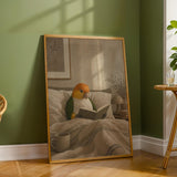 White Bellied Caique Reading in Bed Poster | Modern Gouache Bird Wall Art | Warm Beige Oat Milk Decor | Cozy Minimalist Bedroom Print