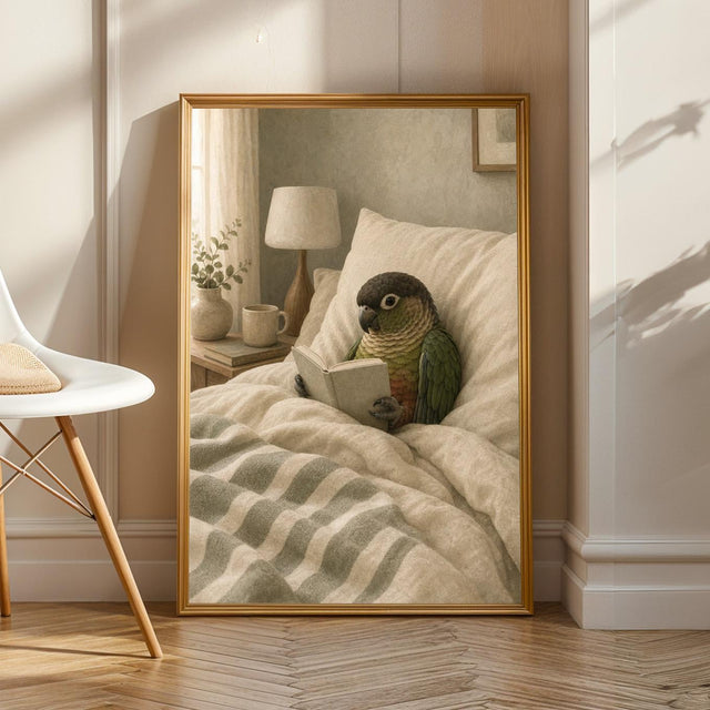 Dusky Conure Reading in Bed Poster | Scandinavian Gouache Bird Wall Art | Warm Beige Oat Milk Decor | Cozy Minimalist Bedroom Print