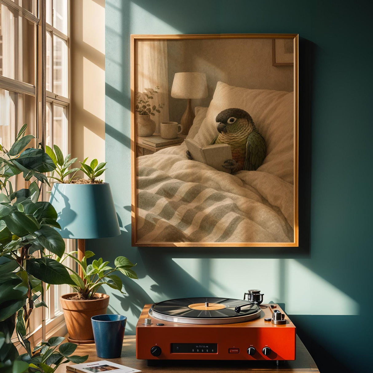 Dusky Conure Reading in Bed Poster | Scandinavian Gouache Bird Wall Art | Warm Beige Oat Milk Decor | Cozy Minimalist Bedroom Print