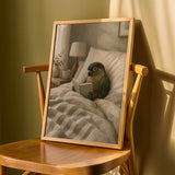 Dusky Conure Reading in Bed Poster | Scandinavian Gouache Bird Wall Art | Warm Beige Oat Milk Decor | Cozy Minimalist Bedroom Print