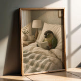 Dusky Conure Reading in Bed Poster | Scandinavian Gouache Bird Wall Art | Warm Beige Oat Milk Decor | Cozy Minimalist Bedroom Print