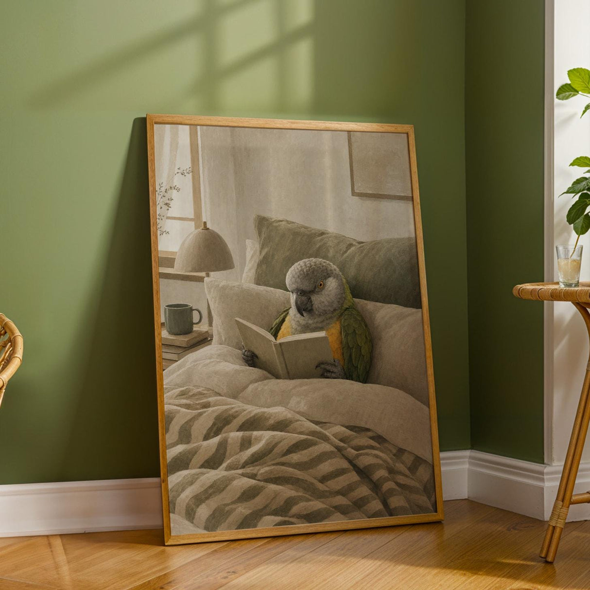 Senegal Parrot Reading in Bed Poster | Scandinavian Soft Gouache Bird Wall Art | Warm Beige Oat Milk Decor | Cozy Minimalist Bedroom Print