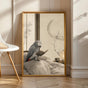 African Grey Parrot Reading in Bed Poster | Japanese Zen Ink Wash Bird Wall Art | Warm Ivory Fog Gray Decor | Minimalist Bedroom Print