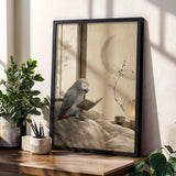 African Grey Parrot Reading in Bed Poster | Japanese Zen Ink Wash Bird Wall Art | Warm Ivory Fog Gray Decor | Minimalist Bedroom Print