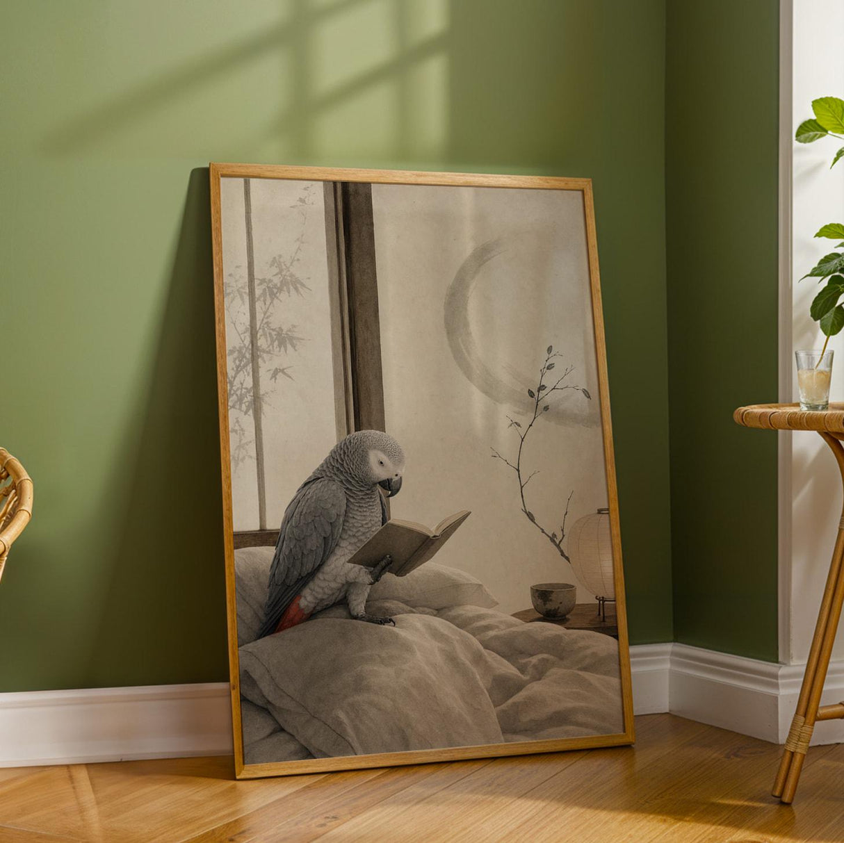 African Grey Parrot Reading in Bed Poster | Japanese Zen Ink Wash Bird Wall Art | Warm Ivory Fog Gray Decor | Minimalist Bedroom Print