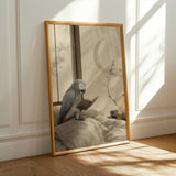 African Grey Parrot Reading in Bed Poster | Japanese Zen Ink Wash Bird Wall Art | Warm Ivory Fog Gray Decor | Minimalist Bedroom Print