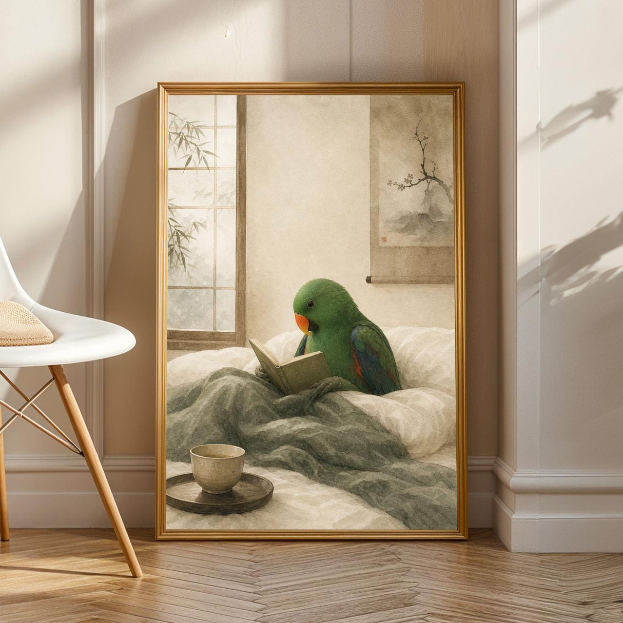 Eclectus Parrot Reading in Bed Poster | Japanese Zen Ink Wash Bird Wall Art | Warm Ivory Fog Gray Decor | Minimalist Bedroom Print