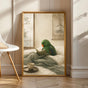 Eclectus Parrot Reading in Bed Poster | Japanese Zen Ink Wash Bird Wall Art | Warm Ivory Fog Gray Decor | Minimalist Bedroom Print