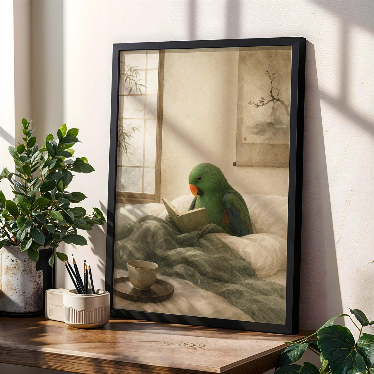 Eclectus Parrot Reading in Bed Poster | Japanese Zen Ink Wash Bird Wall Art | Warm Ivory Fog Gray Decor | Minimalist Bedroom Print