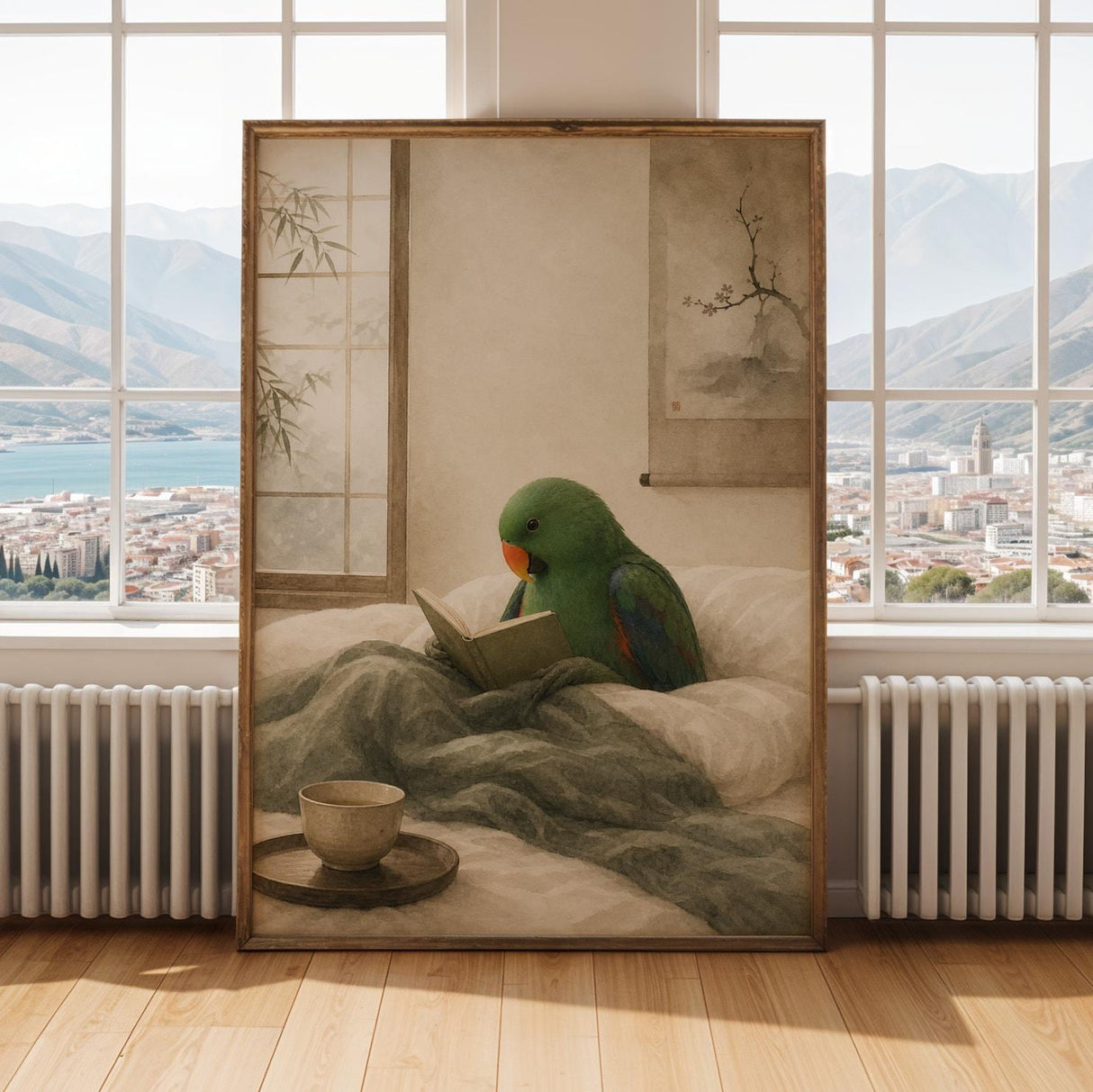 Eclectus Parrot Reading in Bed Poster | Japanese Zen Ink Wash Bird Wall Art | Warm Ivory Fog Gray Decor | Minimalist Bedroom Print