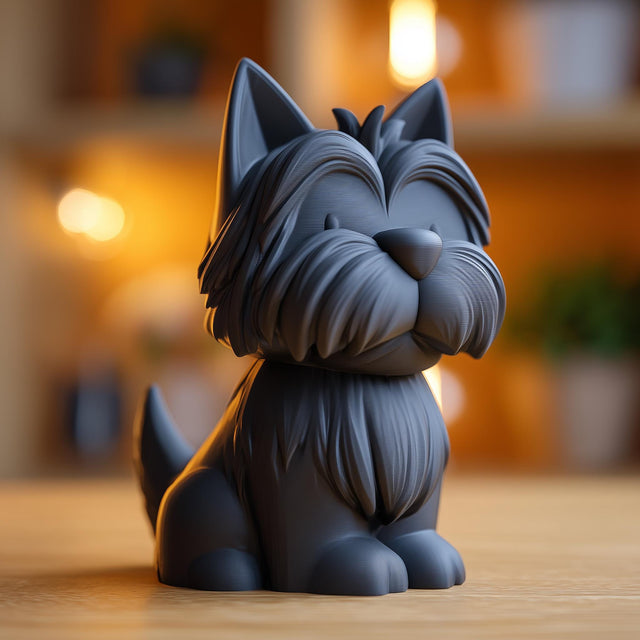 3D printed schnauzer dog memorial urn with removable lid displayed on a wooden tabletop in warm indoor lighting.