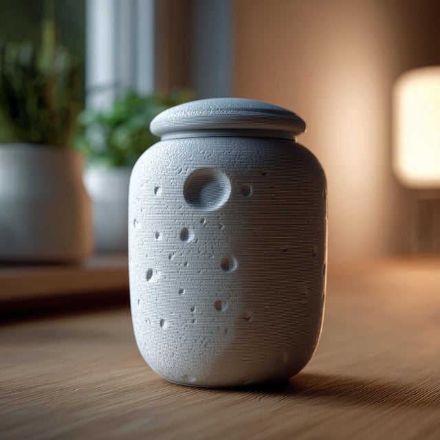 3D printed moon crater memorial urn with removable lid displayed on a wooden table in warm modern interior lighting.