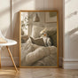 Pied Cockatiel Reading in Bed Poster | Scandinavian Gouache Bird Wall Art | Warm Beige Ivory Decor | Cozy Minimalist Bedroom Print