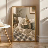 Cinnamon Cockatiel Reading in Bed Poster | Scandinavian Gouache Bird Wall Art | Warm Beige Ivory Decor | Cozy Minimalist Bedroom Print