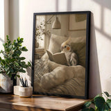 Pied Cockatiel Reading in Bed Poster | Scandinavian Gouache Bird Wall Art | Warm Beige Ivory Decor | Cozy Minimalist Bedroom Print