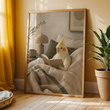 Lutino Cockatiel Reading in Bed Poster | Modern Soft Gouache Bird Wall Art | Warm Beige Oat Milk Decor | Cozy Minimalist Bedroom Print
