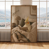Lutino Cockatiel Reading in Bed Poster | Modern Soft Gouache Bird Wall Art | Warm Beige Oat Milk Decor | Cozy Minimalist Bedroom Print