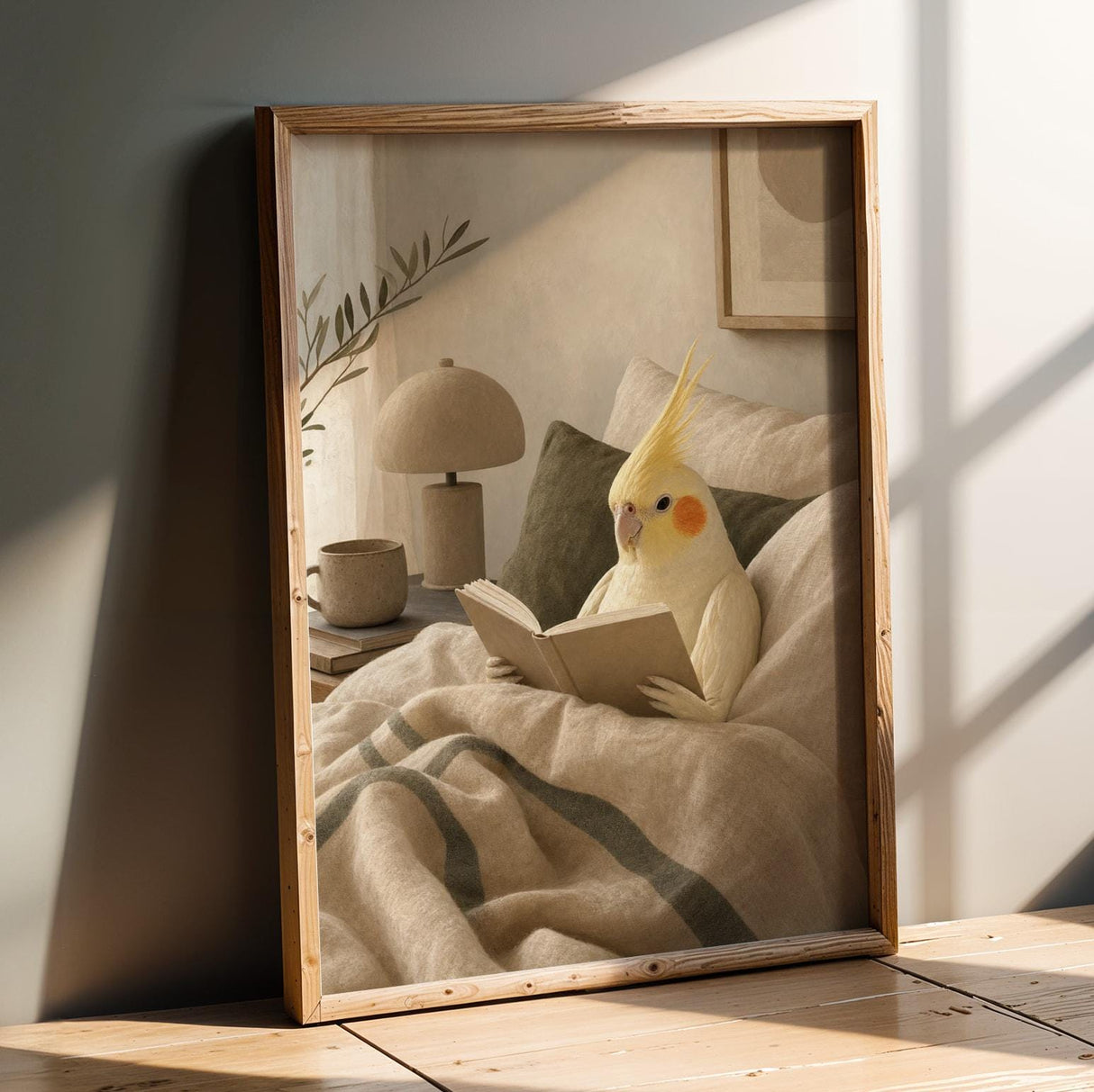 Lutino Cockatiel Reading in Bed Poster | Modern Soft Gouache Bird Wall Art | Warm Beige Oat Milk Decor | Cozy Minimalist Bedroom Print