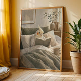 Pearl Cockatiel Reading in Bed Poster | Modern Gouache Bird Wall Art | Warm Beige Soft Ivory Decor | Cozy Minimalist Bedroom Print