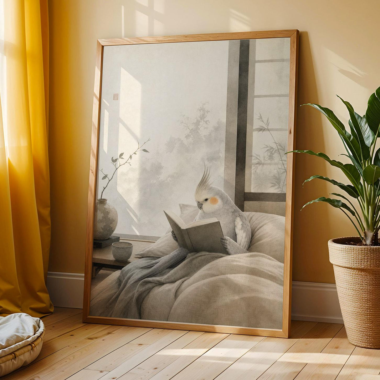 Light Silver Cockatiel Reading in Bed Poster | Japanese Zen Sumi-e Bird Wall Art | Warm Ivory Fog Gray Decor | Minimalist Bedroom Print