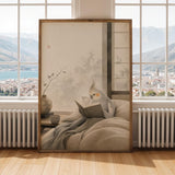 Light Silver Cockatiel Reading in Bed Poster | Japanese Zen Sumi-e Bird Wall Art | Warm Ivory Fog Gray Decor | Minimalist Bedroom Print