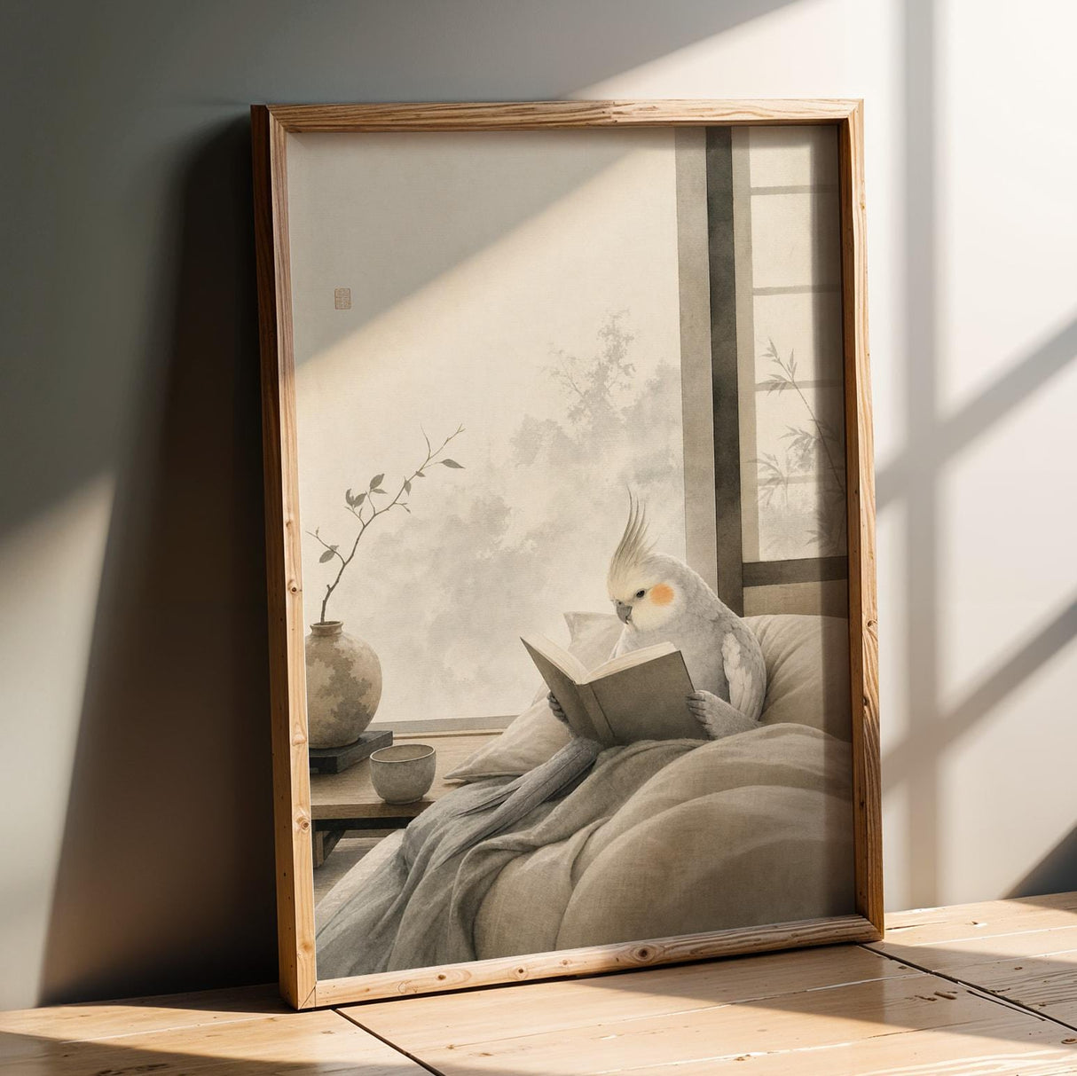 Light Silver Cockatiel Reading in Bed Poster | Japanese Zen Sumi-e Bird Wall Art | Warm Ivory Fog Gray Decor | Minimalist Bedroom Print